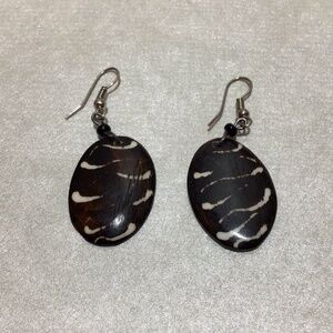 Brown and White Bone Oval Dangle Drop Earrings